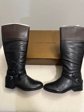 Audrey Brooke Black Boots with Brown Cuff and Ankle Buckle